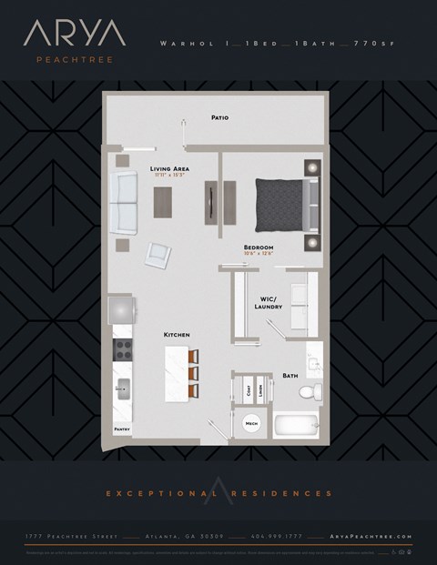 One Bedroom One Bath Warhol 1 floor plan at Arya Peachtree, Atlanta, 30309